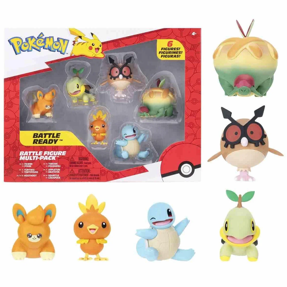 Pokémon Battle Figure 6 Pack - 5cm Figures Pawnii, Turtwig, Hoothoot, Torchic, Appletun, Squirtle - Official playset for Children 4+ Years