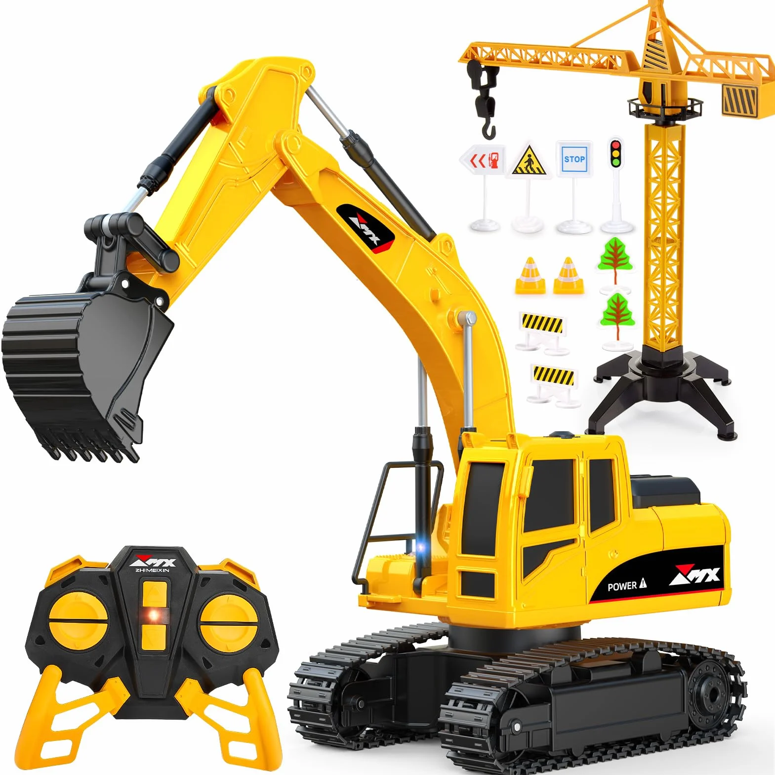 HappyGoLucky 1:24 Excavadora Juguete Teledirigido para Niños 3-9 Años, Camiones Juguete RC Teledirigido 2.4GHz con Grúa Torre y Señales de Tráfico, Luz LED, Mini Excavadora, Regalo Cumpleaños/Navidad