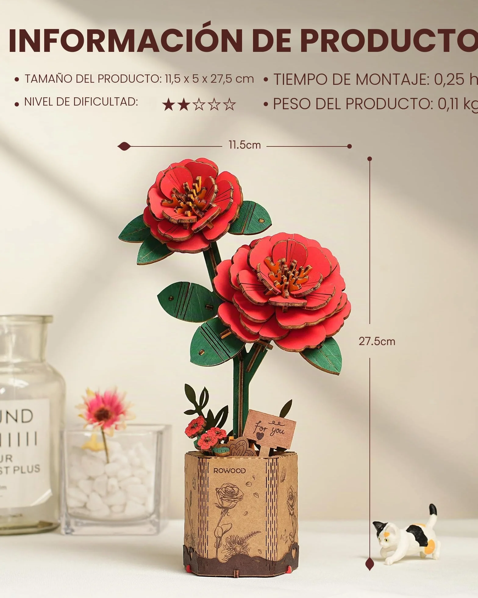 Puzzle 3D DIY Flor de Madera Maqueta de Flores Artificiales para Montar Adultos (Red Camellia)