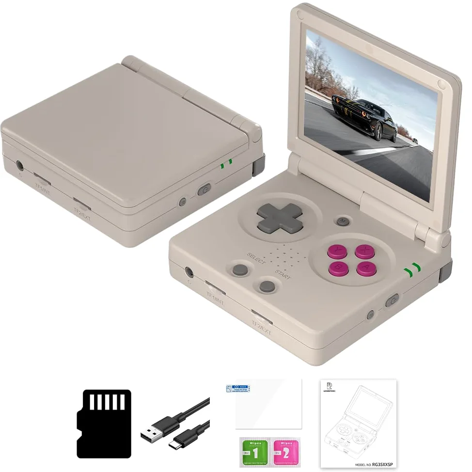 RG35XXSP - Consola de juegos portátil con tapa retro RG35XX SP, sistema Linux, pantalla IPS de 3.5 pulgadas, 64G, precargada, 5532 juegos, RG 35XXSP, compatible con salida de TV HDMI, 5G, WiFi