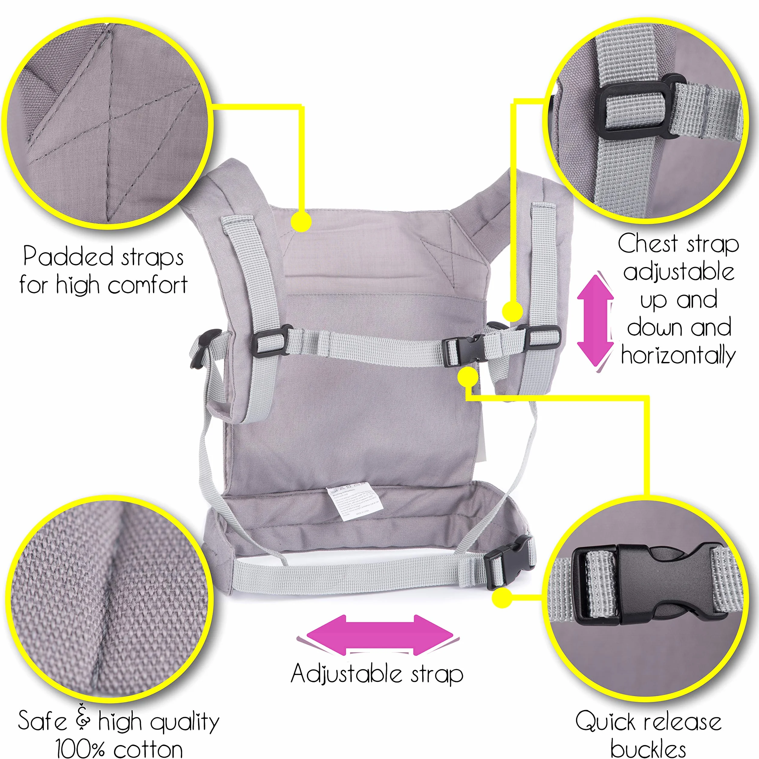 Mochila Portamuñecas para Niños Pequeños, Porta Muñecas Transporte Delantera y Trasera, Gris con Bordado de Unicornio