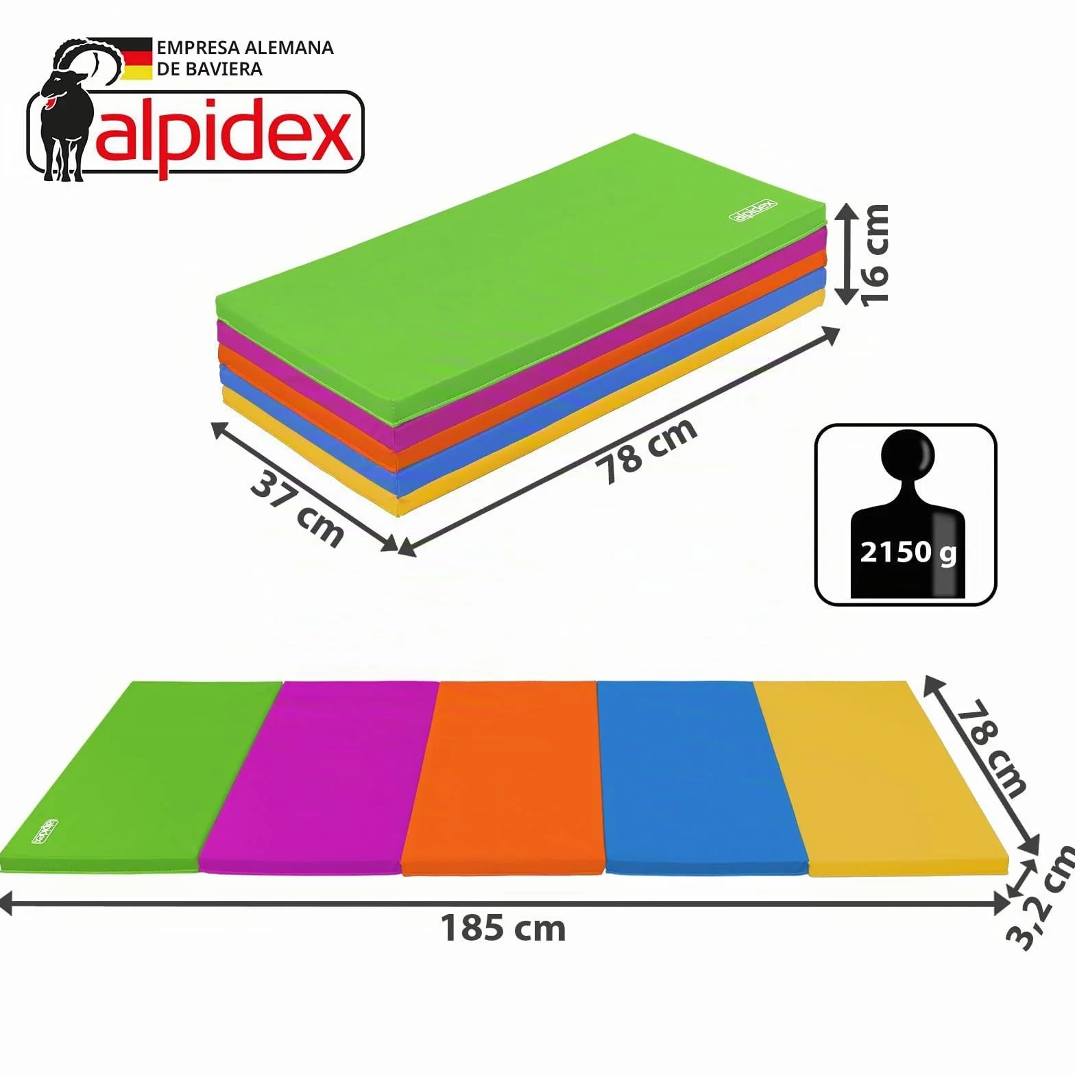 ALPIDEX Esterilla de gimnasia plegable 185 x 78 x 3,2 cm colchoneta de ejercicio suelo deportiva
