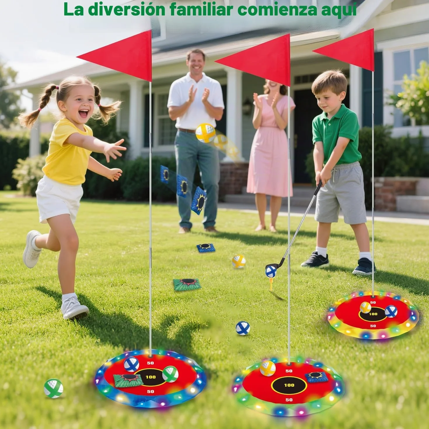 VATOS Juego de golf 2 en 1 con luz para niños - Juego de golf de astillado y lanzamiento de bolsa de puf con 6 objetivos LED, 2 palos, 18 bolas, juego de golf nocturno para fiesta en interiores al