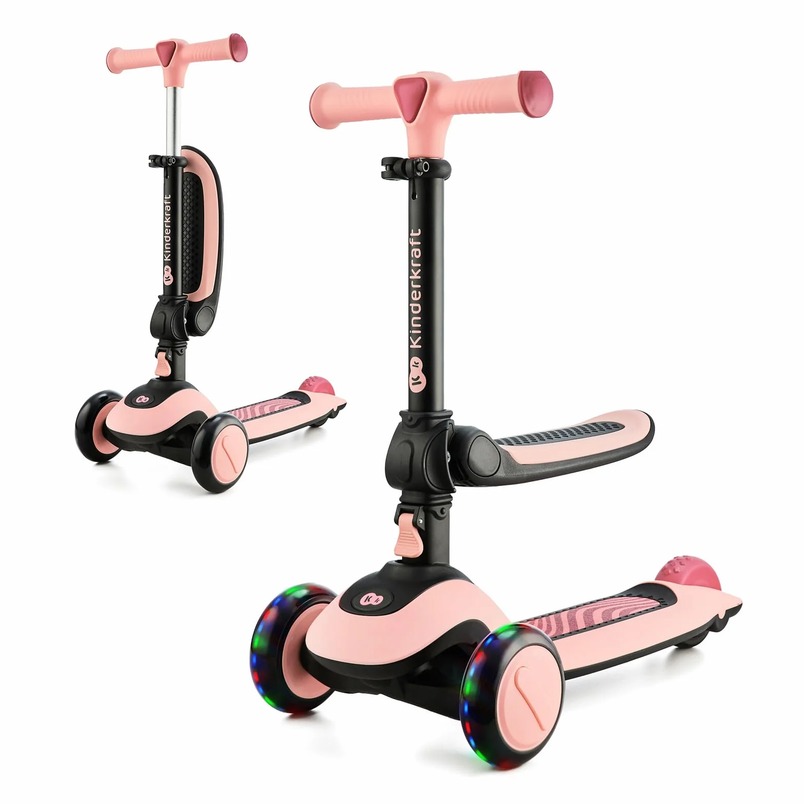 Kinderkraft Halley 2 en 1 Bicicleta sin Pedales y Patinete con Ruedas LED, Manillar Ajustable, Base Antideslizante, Ultraligera y Segura para Niños – Rosa