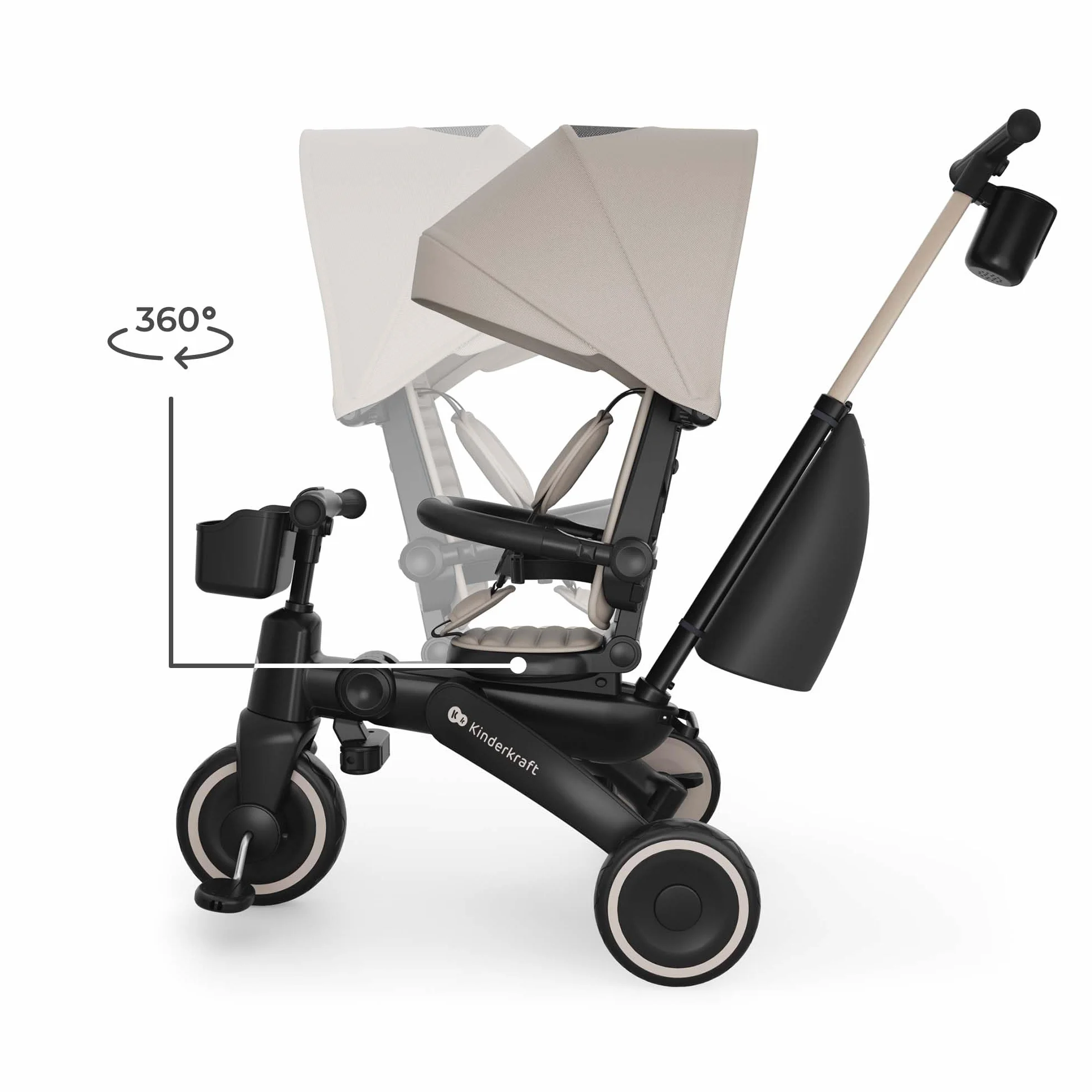 Kinderkraft Jazz 3 Triciclo, Asiento Giratorio 360°, posición semirreclinada, Plegable, Capota UPF 50+, Manillar para Padres, función de Bicicleta de Equilibrio, Beige
