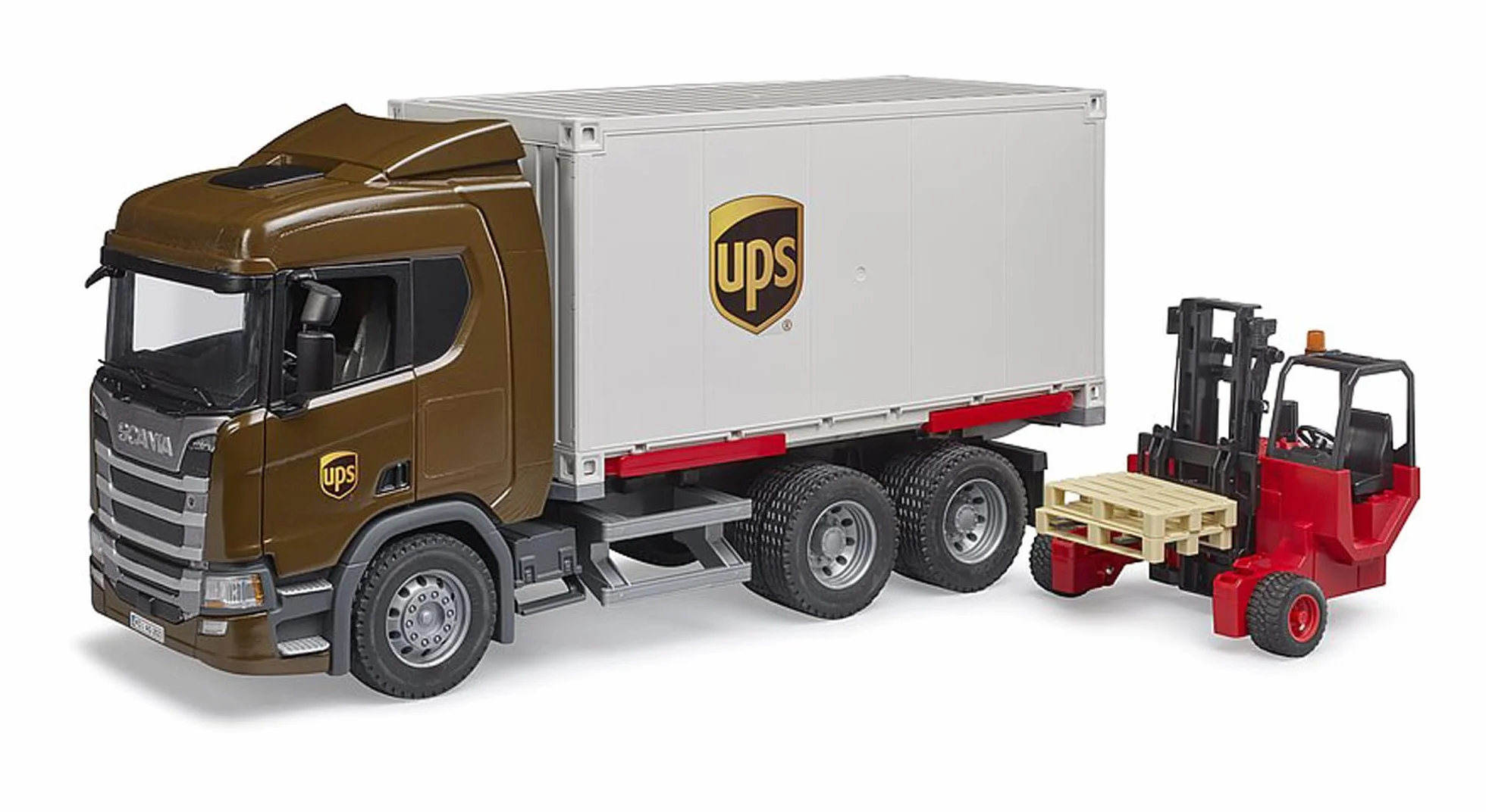 Bruder - 03582 - Scania Super 560R Camión logístico UPS con Carretilla elevadora, vehículos, paquetería, Transporte, Carretilla elevadora, transportador, Juguetes a Partir de 4 años | Con carretilla elevadora, repartidor de paquetes, empresa de transporte