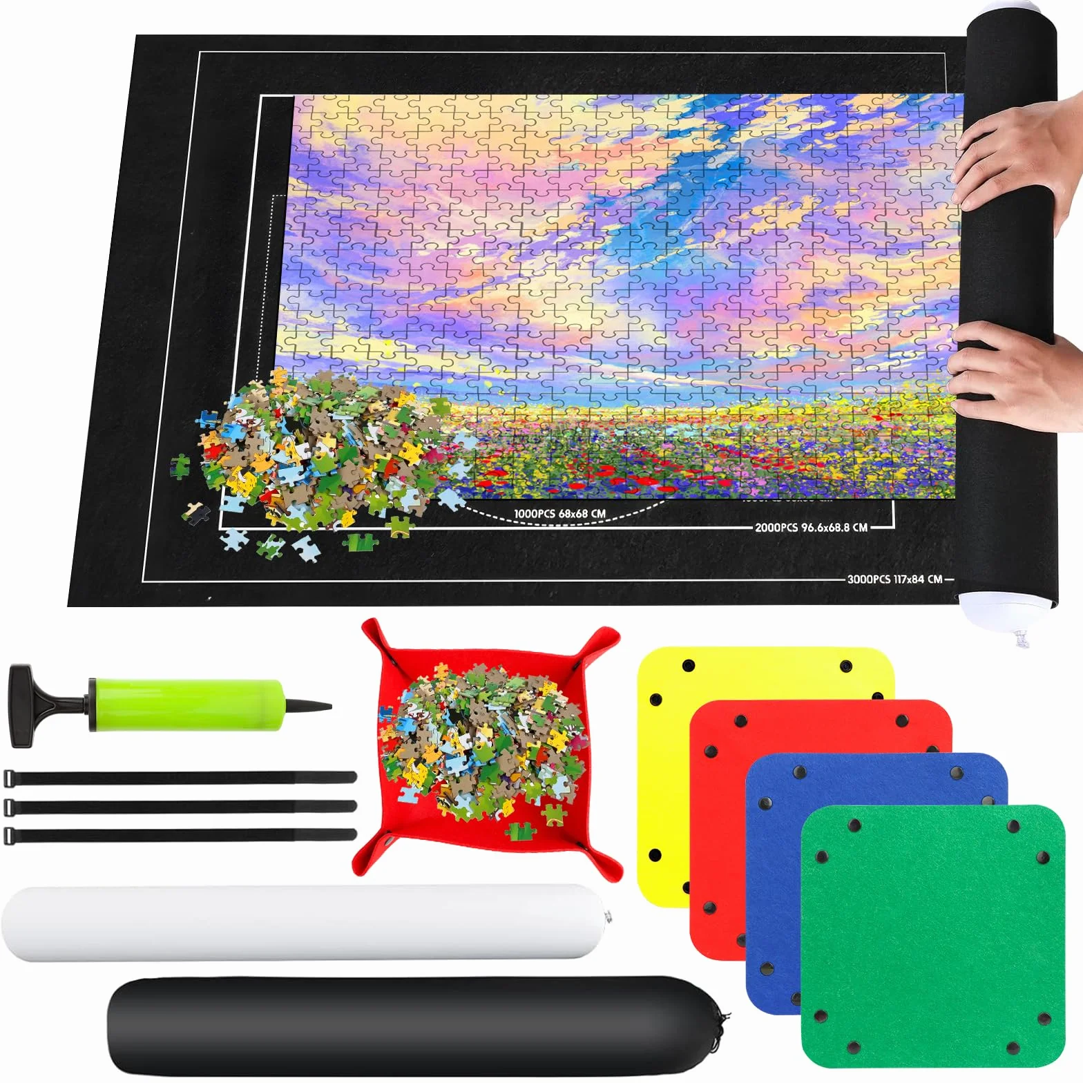 RISVOWO Tapete para Puzzle Alfombra Portátil Fieltro 1000-3000 Piezas Tapiz Antideslizante Enrollable y Almacenable (Negro)