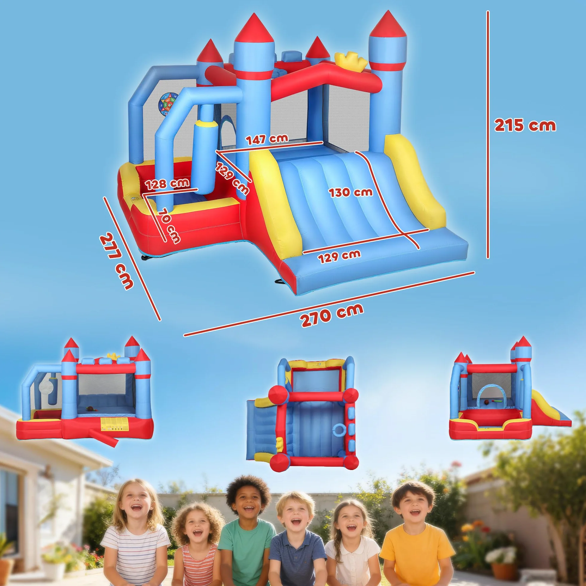 AIYAPLAY Castillo Hinchable para Niños con Soplador, Castillo Hinchable con Tobogán, Zona de Salto, Piscina, Pilar de Boxeo y Aro de Baloncesto, para Niños 3-8 Años, Interior, Exterior, 277x270x215 cm