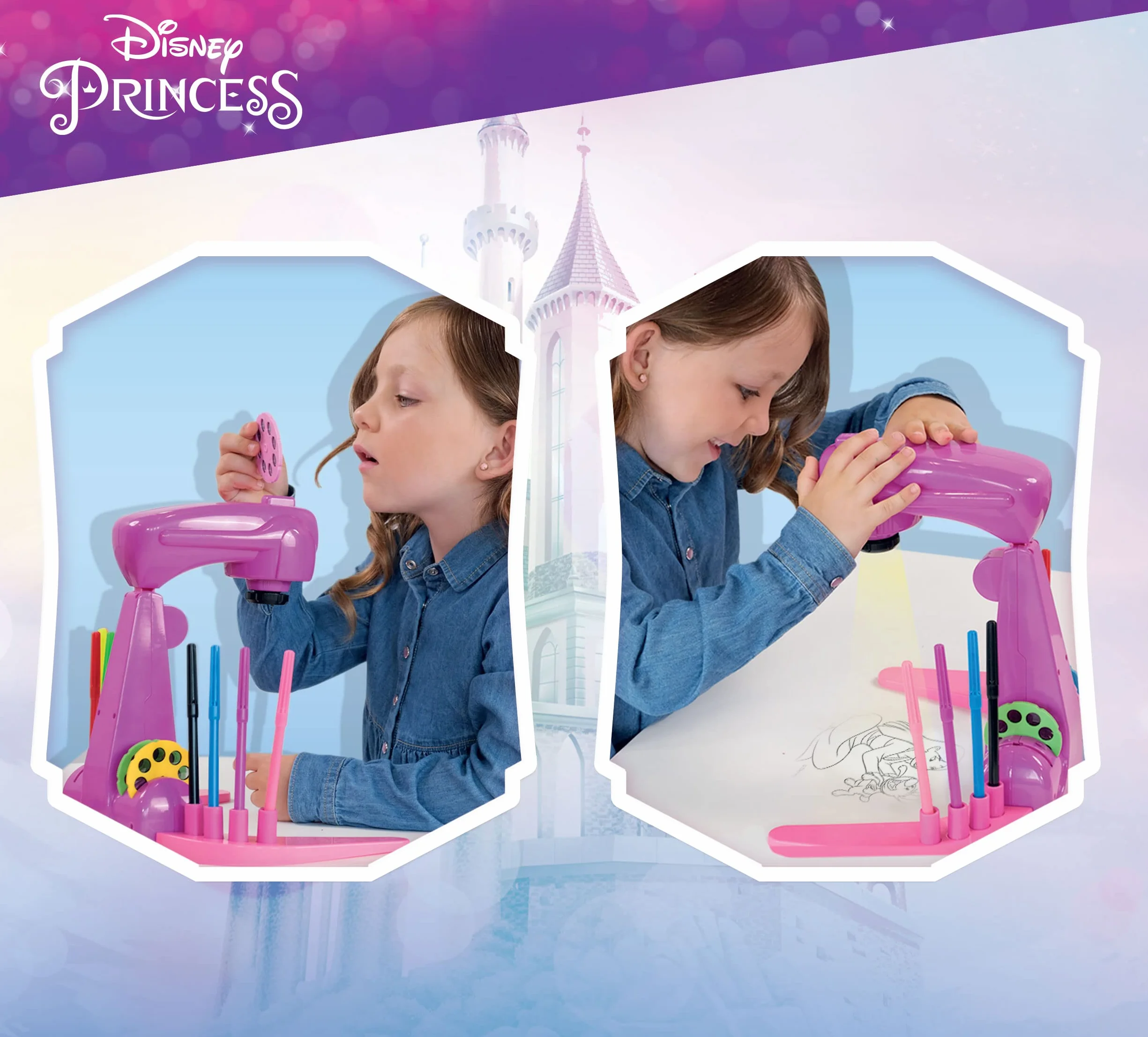 Lisciani Giochi - Escuela de dibujo con proyector de PRINCESAS DISNEY - Para niños a partir de 3 años - Aprende a dibujar con modelos proyectados - Incluye modelos, papel y lápices - Juego creativo