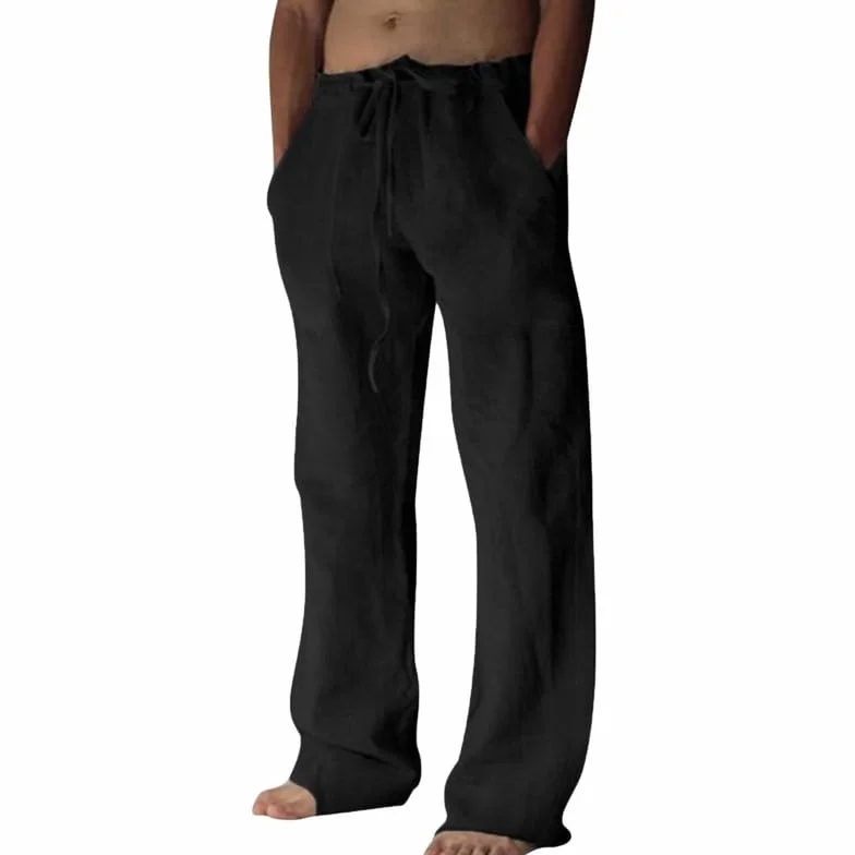 Pantalones de Lino para Hombre Casuales de Verano con Bolsillos Color Sólido Holgados con Cordón