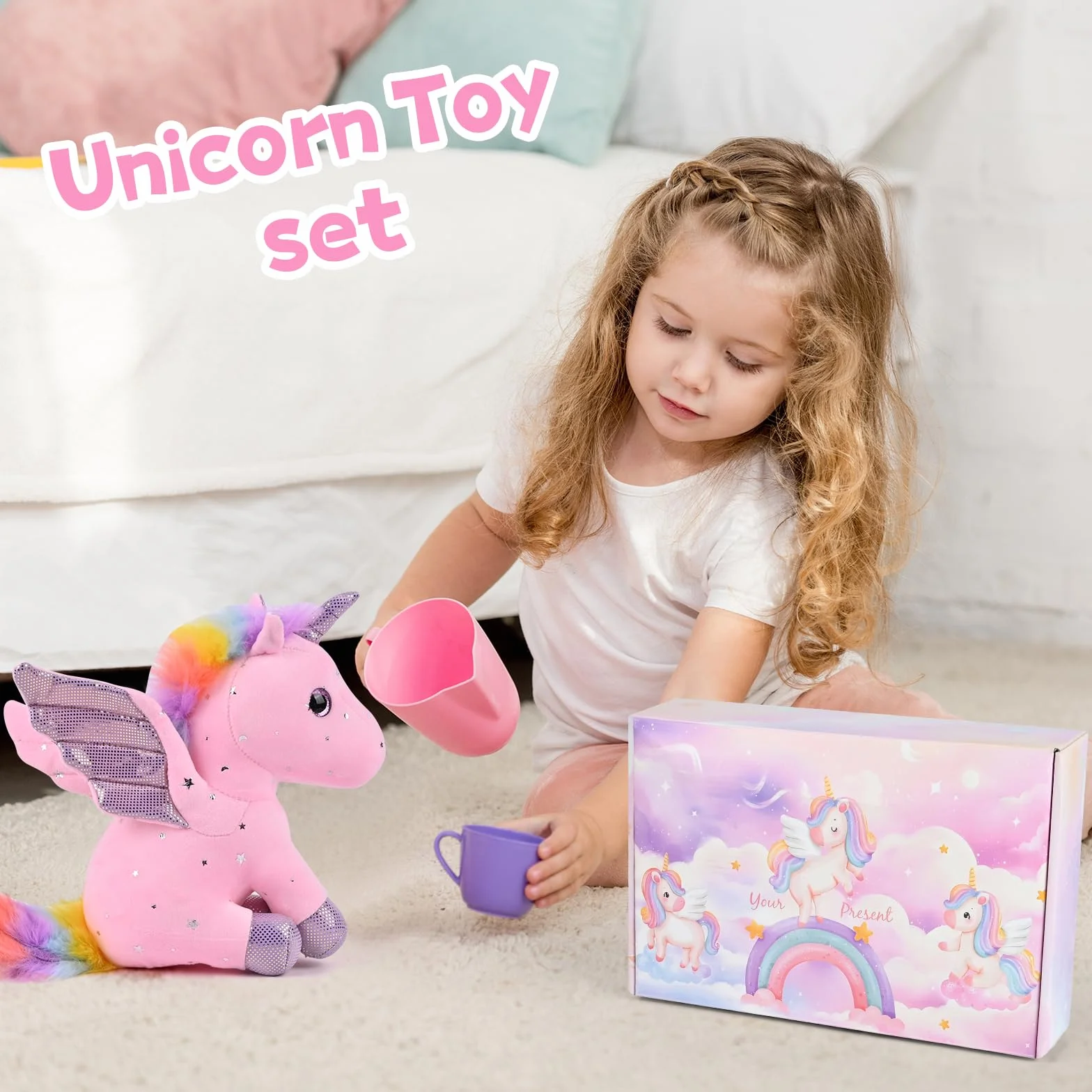 Euakee Unicornio Juguete Regalos Cumpleaños para Niñas 4-10 Años, Set de Joyas, Bolsa de Peluche, Colgante (Colorido)