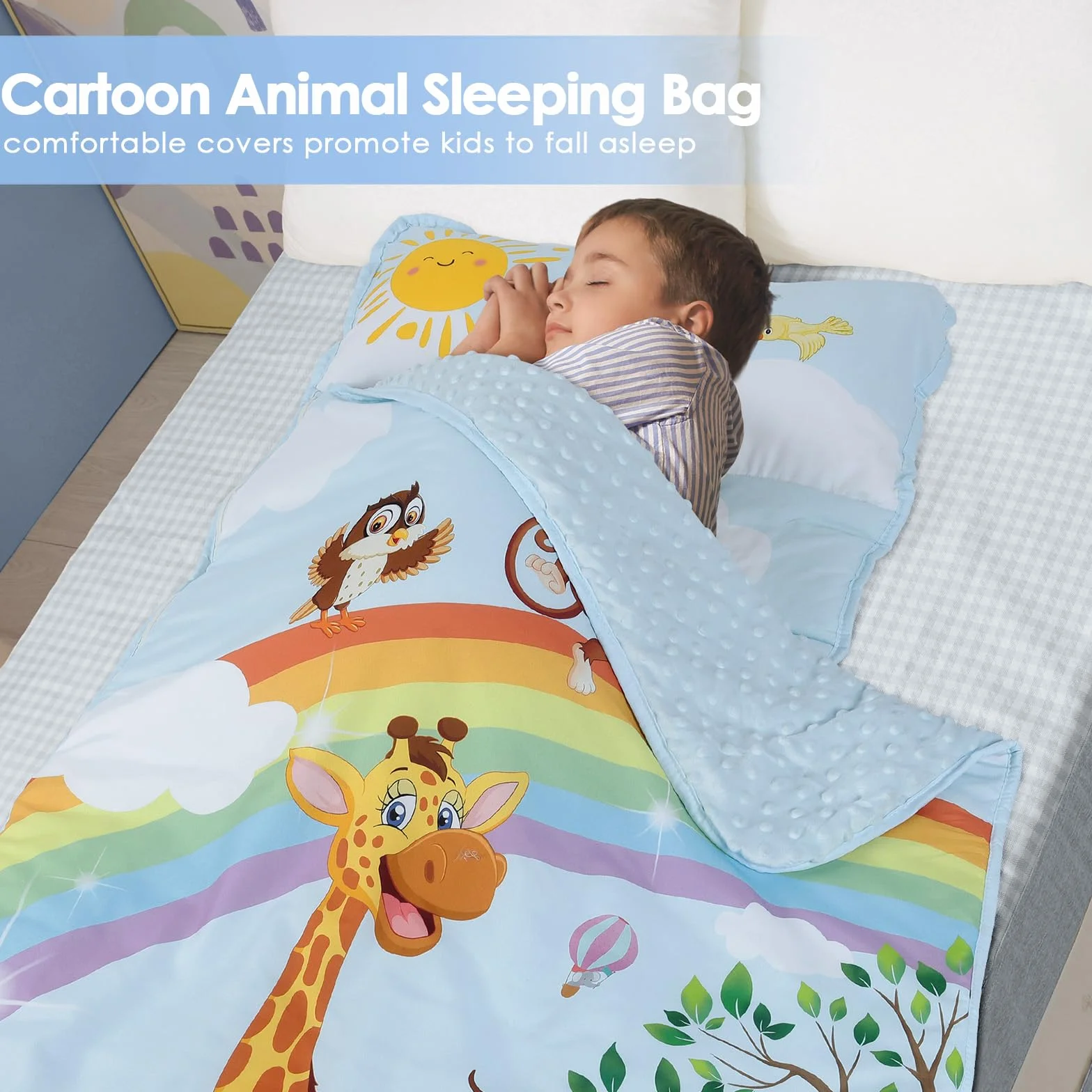 Saco de Dormir para Niños con Almohada y Manta Extra Gruesa Grande 2 en 1, Alfombrilla de Siesta para Niñas y Niños, Bolsa de Dormir Bebés para Preescolar Viajes Camping, Arco Iris Animal