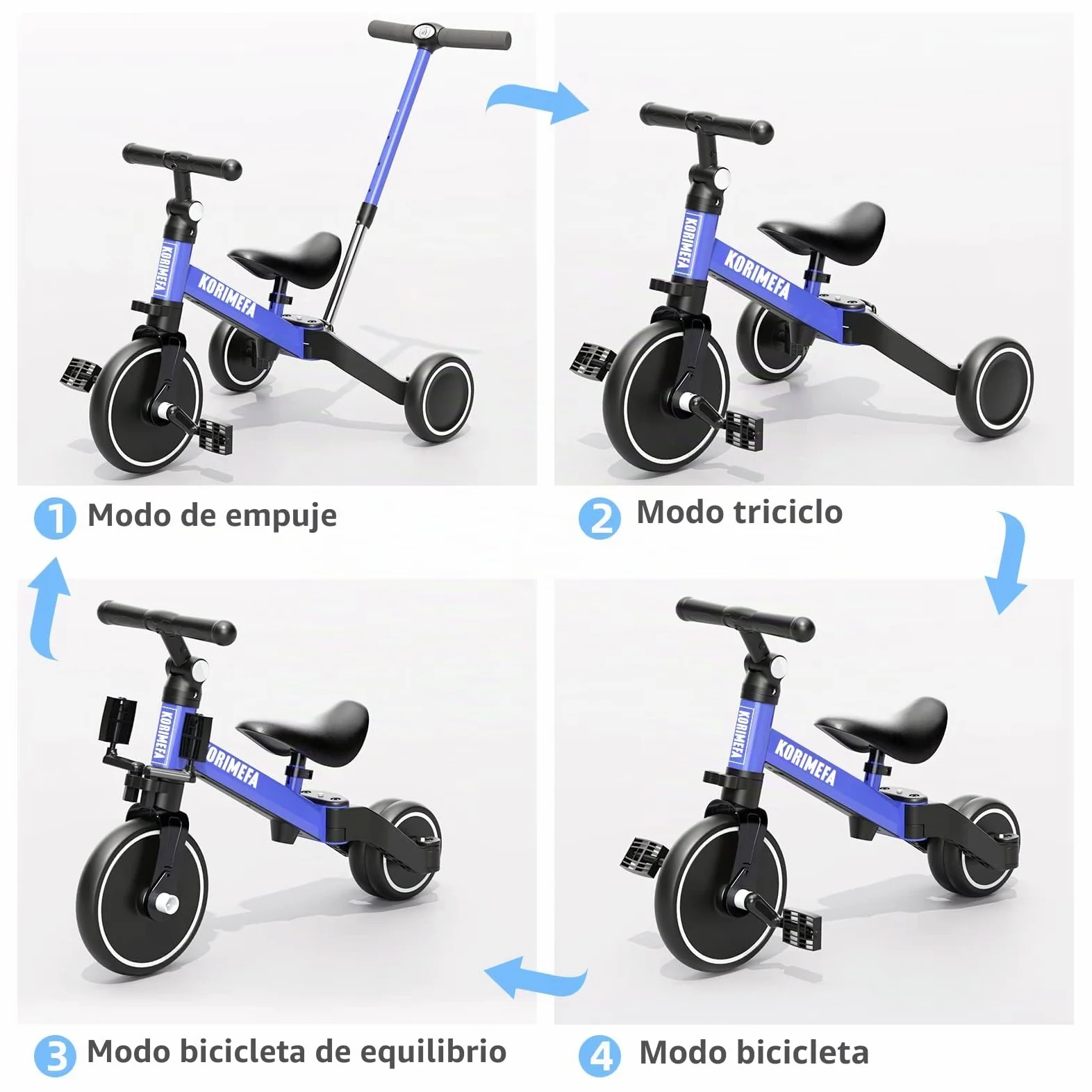 KORIMEFA Triciclos para Niños, 4 en 1 Una Bici Multifunción, Adecuado para niños de 1-3 años,Triciclo,Bicicleta,Carro de Equilibrio,Caminante, Altura del Asiento Regulable (Azul(con Mango))