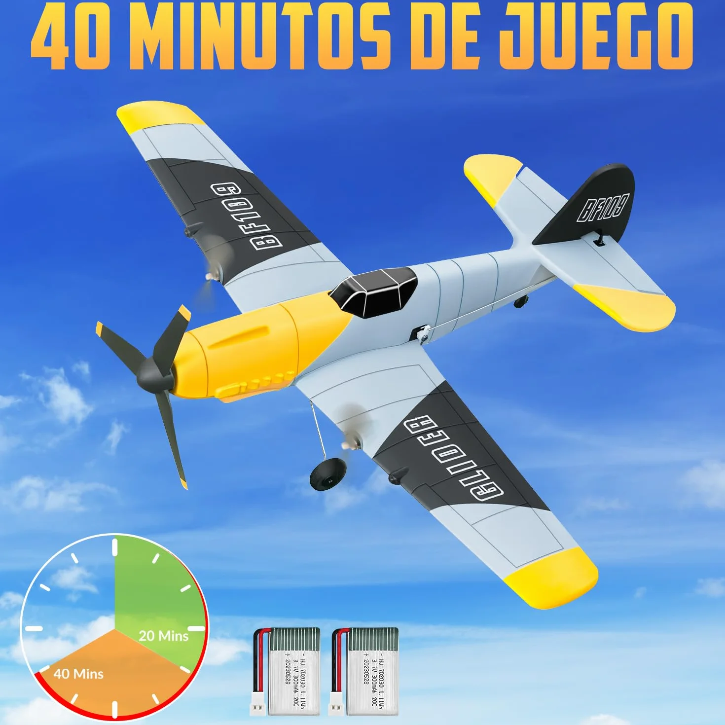 HAWK'S WORK 3 Canales RC Avión BF-109, Avión Teledirigido Listo para Volar, 2.4GHz Estabilizador Giroscópico de 6 Ejes, Fácil de Volar para Niños y Principiantes