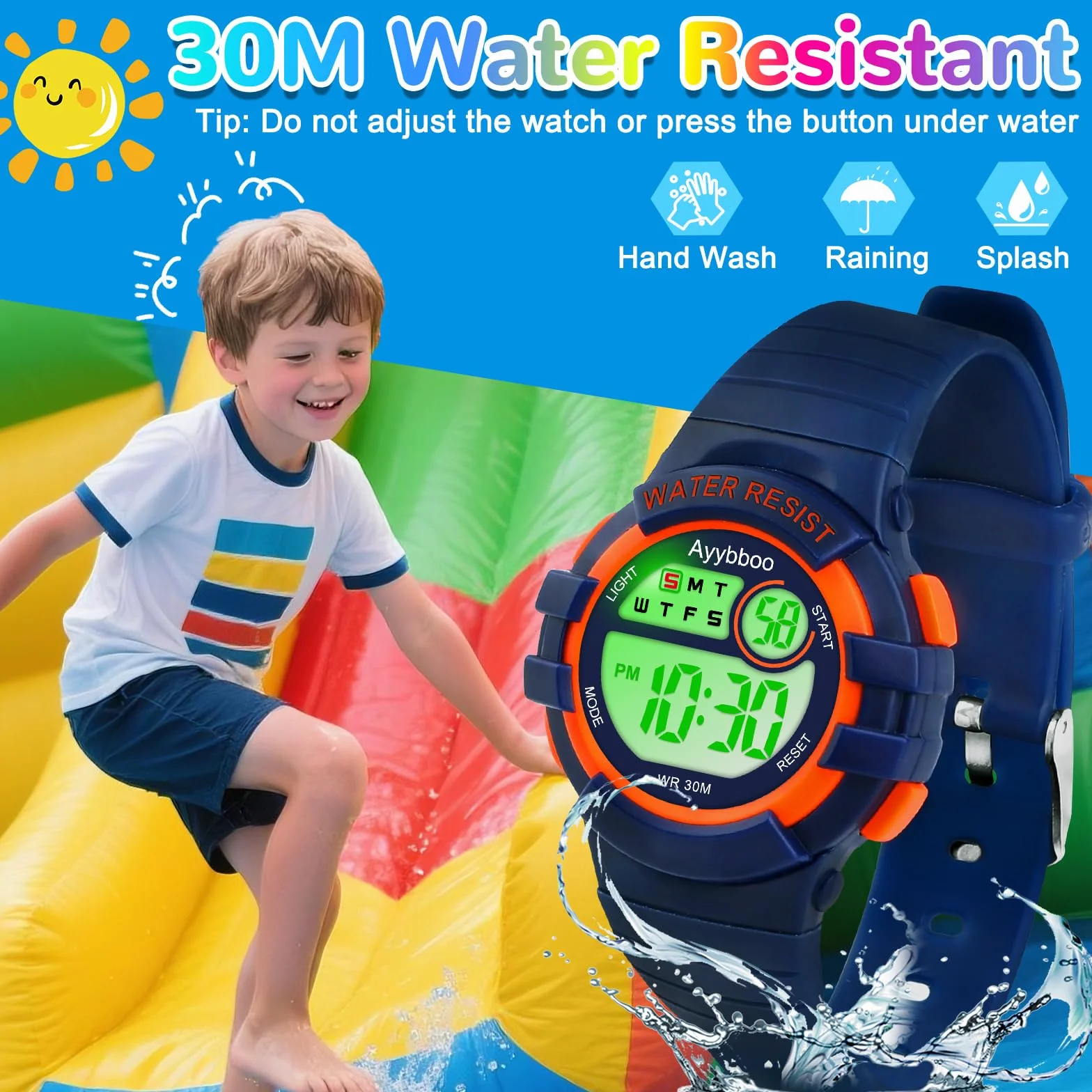Reloj Niño Digital 7 Luces LED Impermeable 3ATM Alarma Fecha Cronómetro Deportivo Pulsera