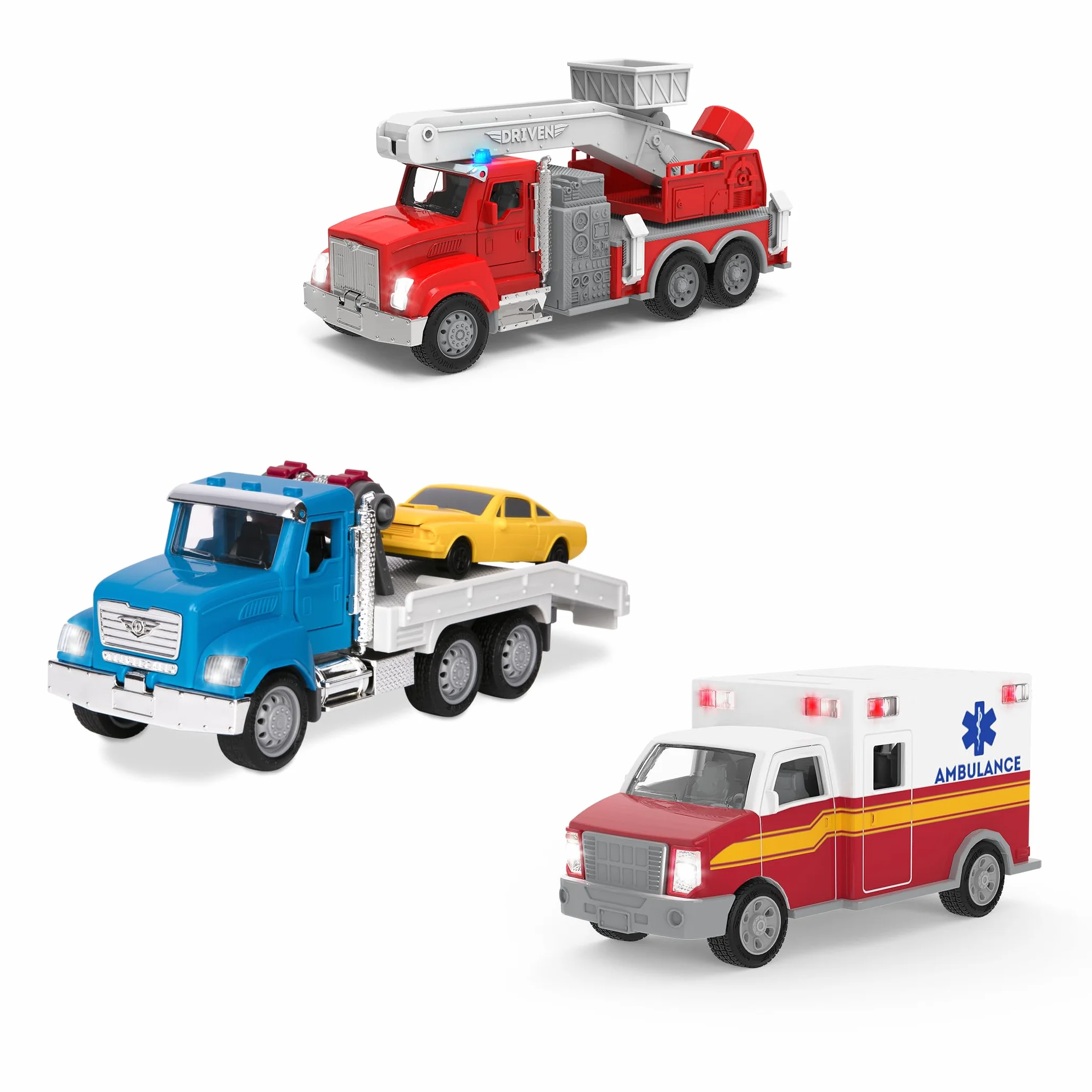 DRIVEN by Battat - Flota de microemergencias - Juego de vehículos de juguete de emergencia para niños - Camión de bomberos de juguete con grúa - 3 años +