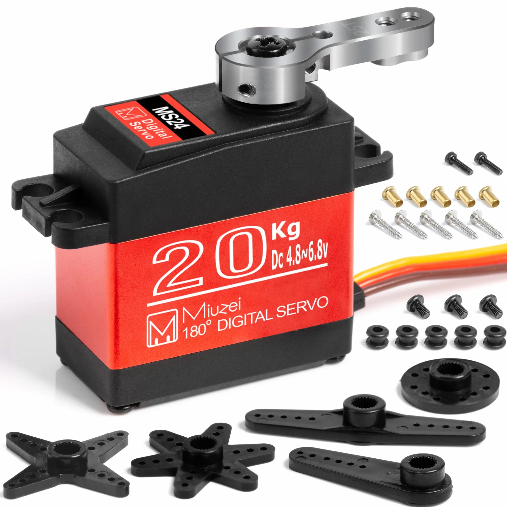 Miuzei 20kg RC Servo Motor 180° Metal Gear Digital Servos with Extension Cable for Arduino Mini,RC Helicoptero Robot Arm Car 1/10 1/8 8,4V Dc High Speed Torque
