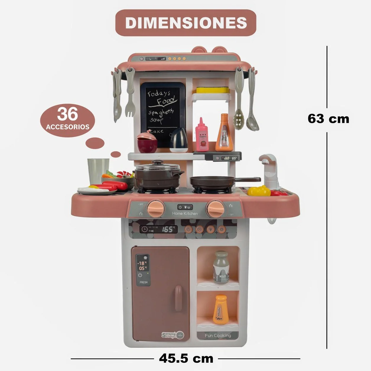 Cocina de Juguete niños Unisex, Incluye 36 Accesorios, fogones eléctricos con simulación de Fuego, Grifo con Bomba de Agua, Pizarra y Mucho más Juguetes + 3 años (Marrón)
