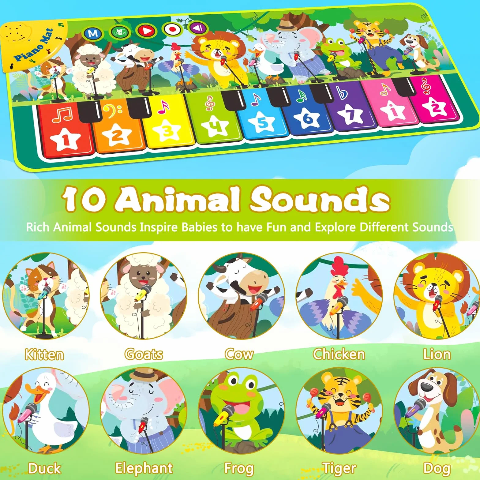 Piano Bebe, Alfombra Musical con 10 Animales, Alfombra Musical Bebe 1 Año, Alfombra de Piano, Juguete Musical Bebe, Niños y Niñas & Regalos de Cumpleaños (110×43cm)