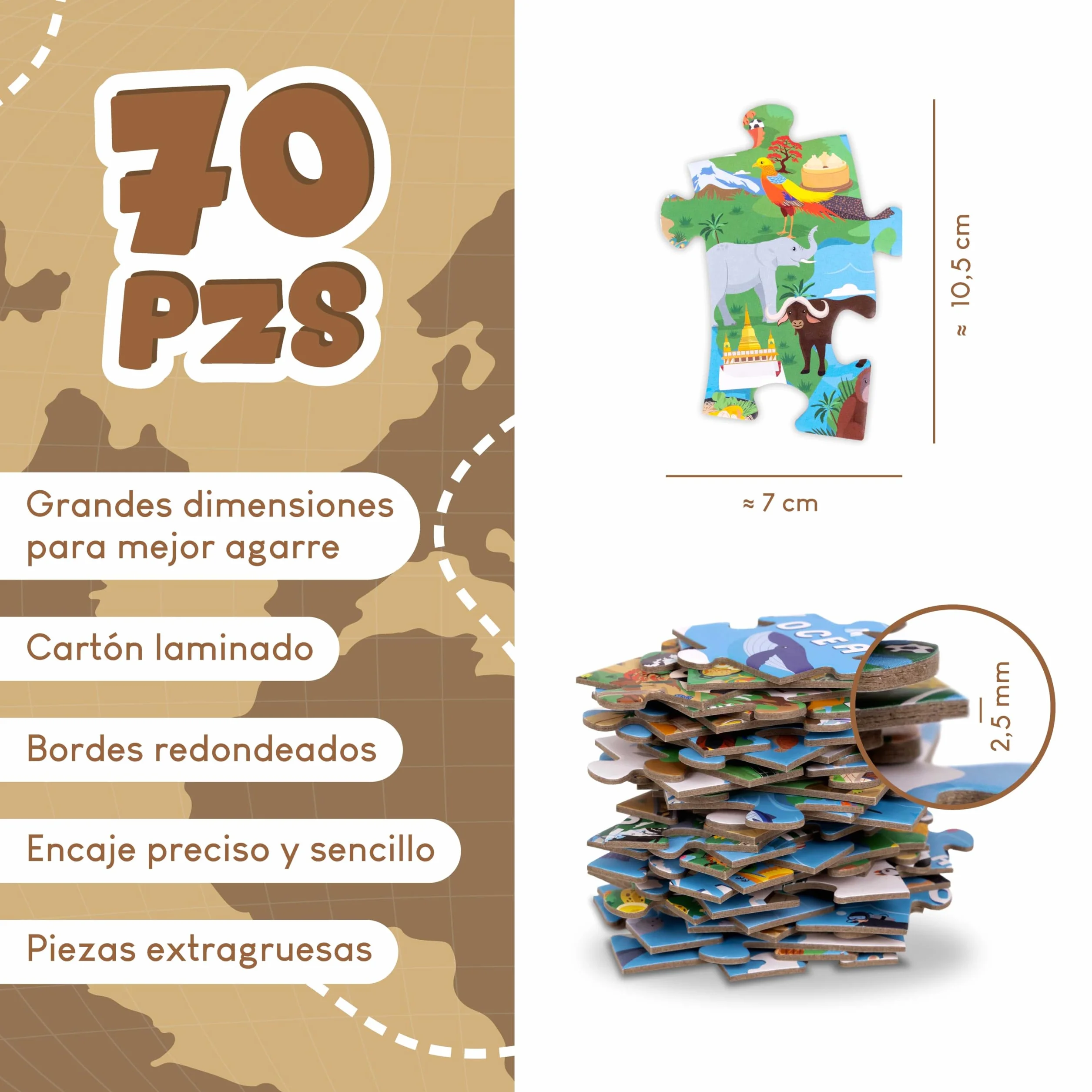 BONNYCO Puzzle XXL Mapa Mundi Niños con 70 Piezas Grandes. Rompecabezas Redondo con Animales, 58 x 58 cm, 15 Tarjetas, 4 Figuras y Guía. Juegos Educativos, Regalos, Juguetes Niños 4 Años