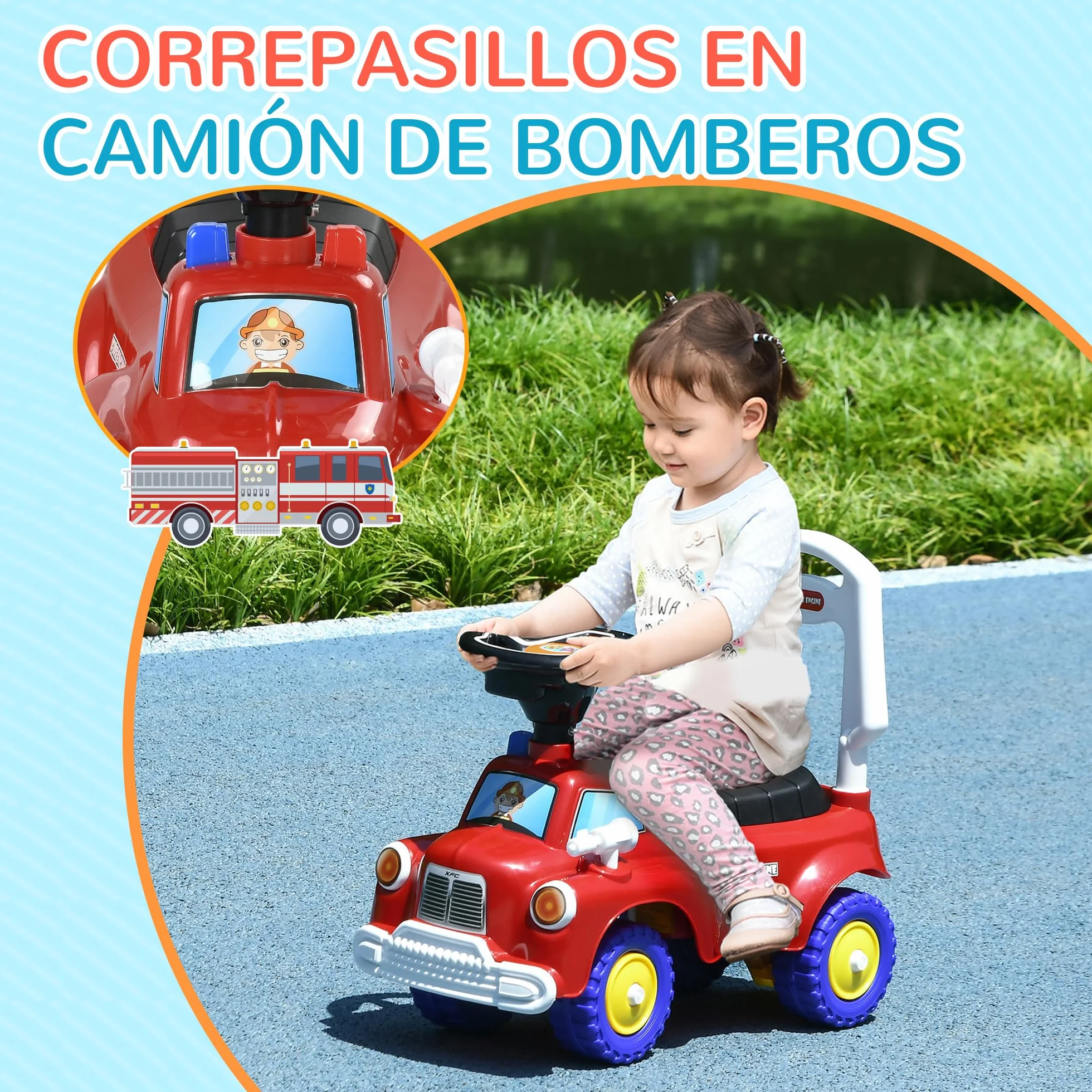 AIYAPLAY Coche Correpasillos para Niños de 18-36 Meses, Diseño de Camión de Bomberos, Correpasillos con 3 Luces, Música, Compartimento de Almacenaje y Volante, 49x24x42 cm, Rojo