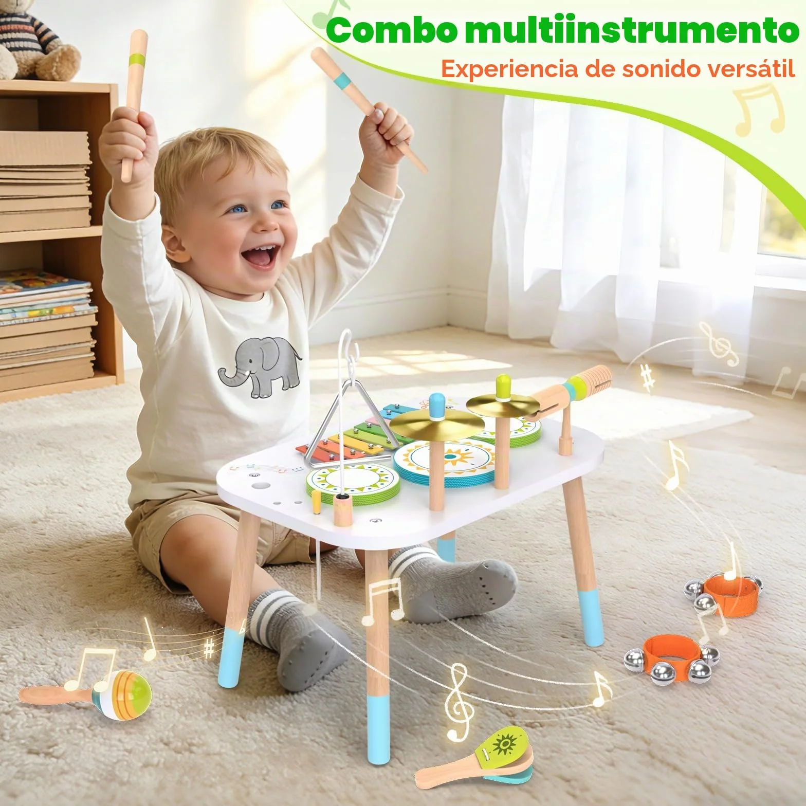 Batería 12‑en‑1 para Niños 1‑3 Años, Mesa Instrumentos Musicales Bebé, Juguetes Madera Montessori con Xilófono, Bongos, Platillo, Maracas & Cascabeles de Muñeca, Regalo Cumpleaños Niño Niña 1 2 3 Años