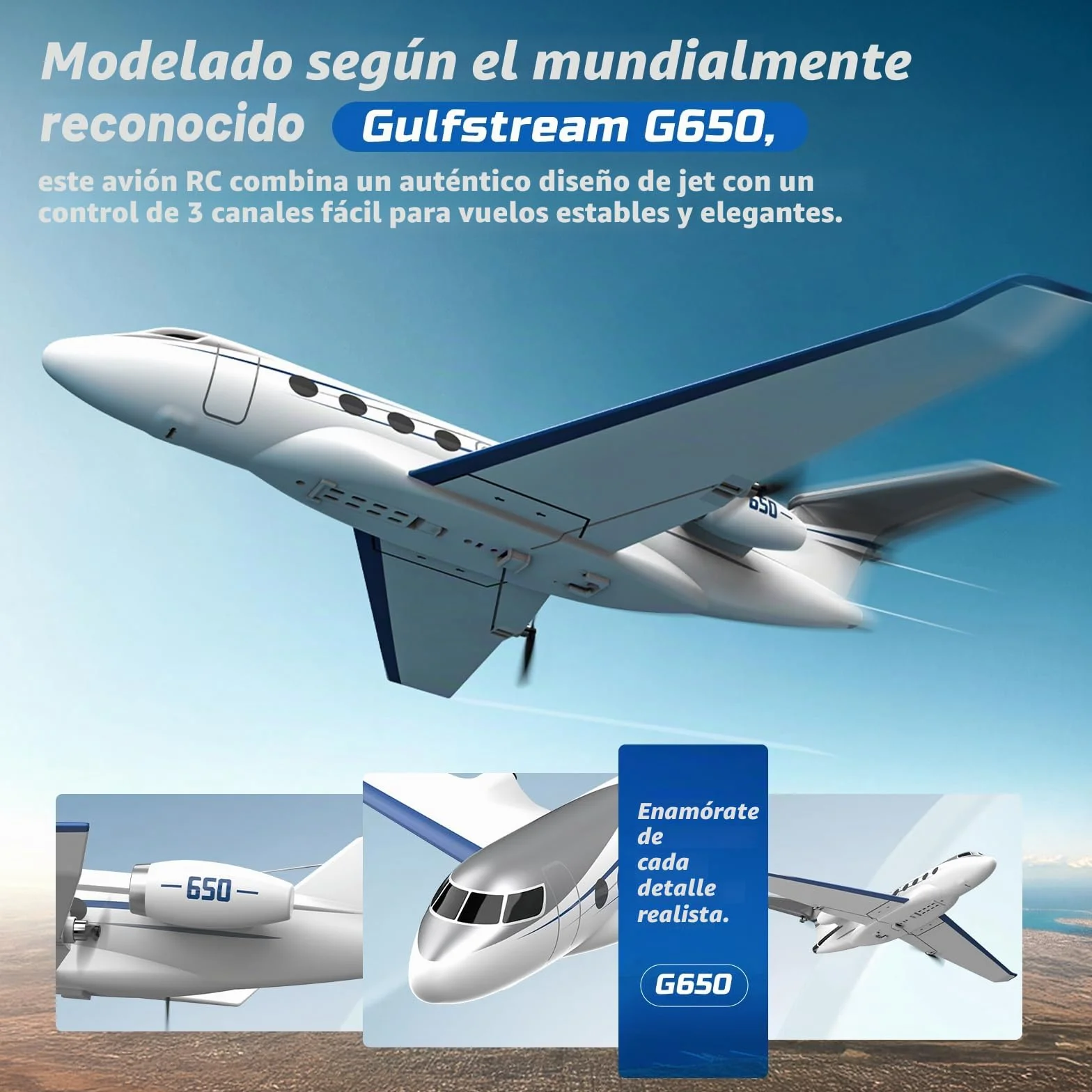 DEERC Avion Teledirigido G650, Jet Privado, Avión RC de 3 Canales, Juguete, giroestabilizador de 6 Ejes de 2,4 GHz, Planeador RTF, fácil de Volar, Ideal para Principiantes, niños y Adultos.