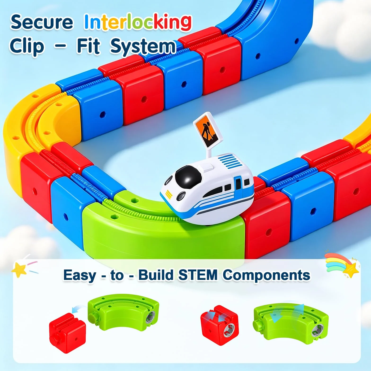 Tren Eléctrico Niños 82 Piezas con 1 Tren – Pista 3D Antigravedad klick-Rail, Bloques de Construcción DIY Cube Track, Juguete Educativo Stem para Niños de 4 a 8 Años