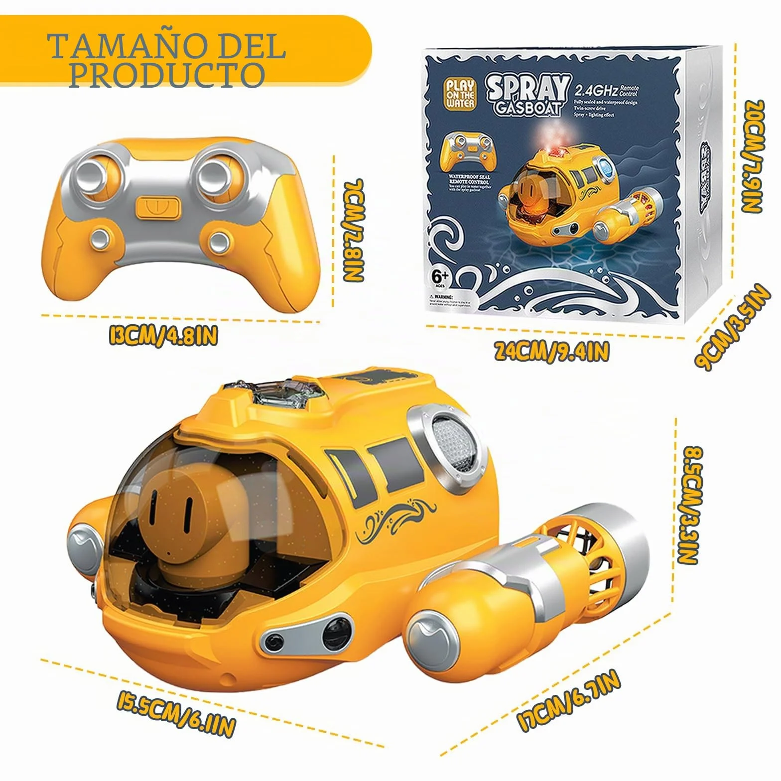 Barco teledirigido 2,4 GHz, lancha a distancia con pulverización, función de luz, doble mando, recargable, para piscina y lago, exterior, regalo