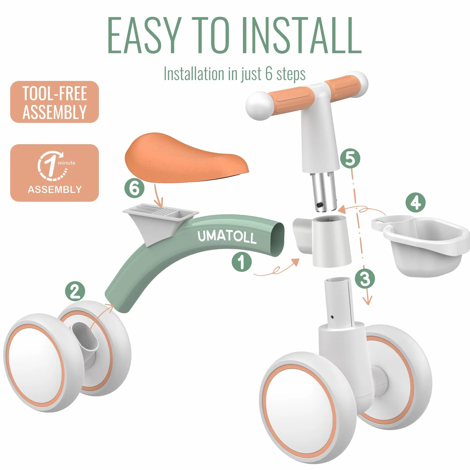 Umatoll Bicicleta sin Pedales para Niños 1 Año Equilibrio, Bici Bebe con Canasta, Verde