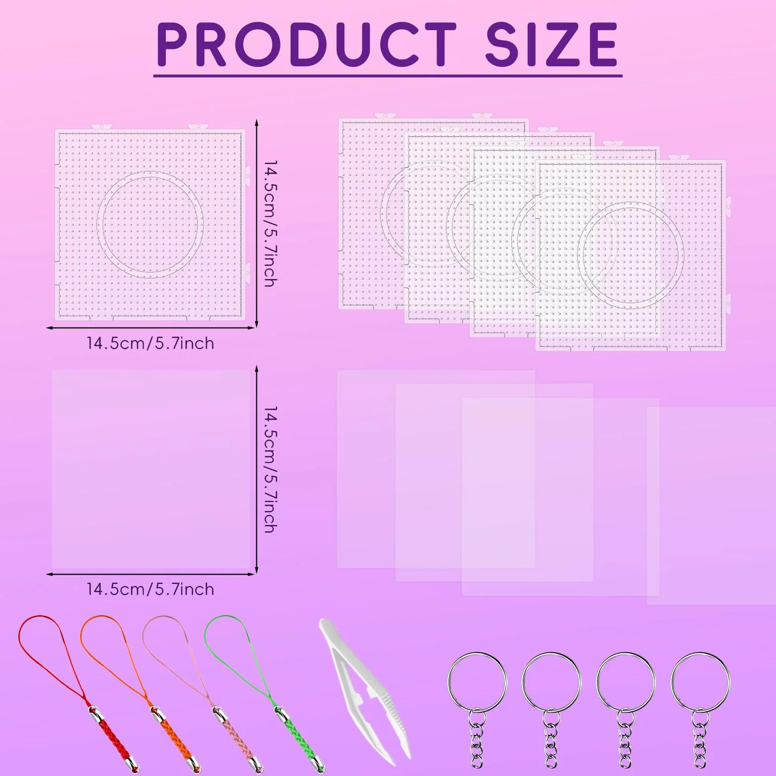 lompyeu Beads Plantilla,Juego de 4 placas de cuentas para plancha(14.5 * 14.5cm) con 4 Hojas de Planchado, 4 Cordones, 4 llaveros y 1 par de pinzas