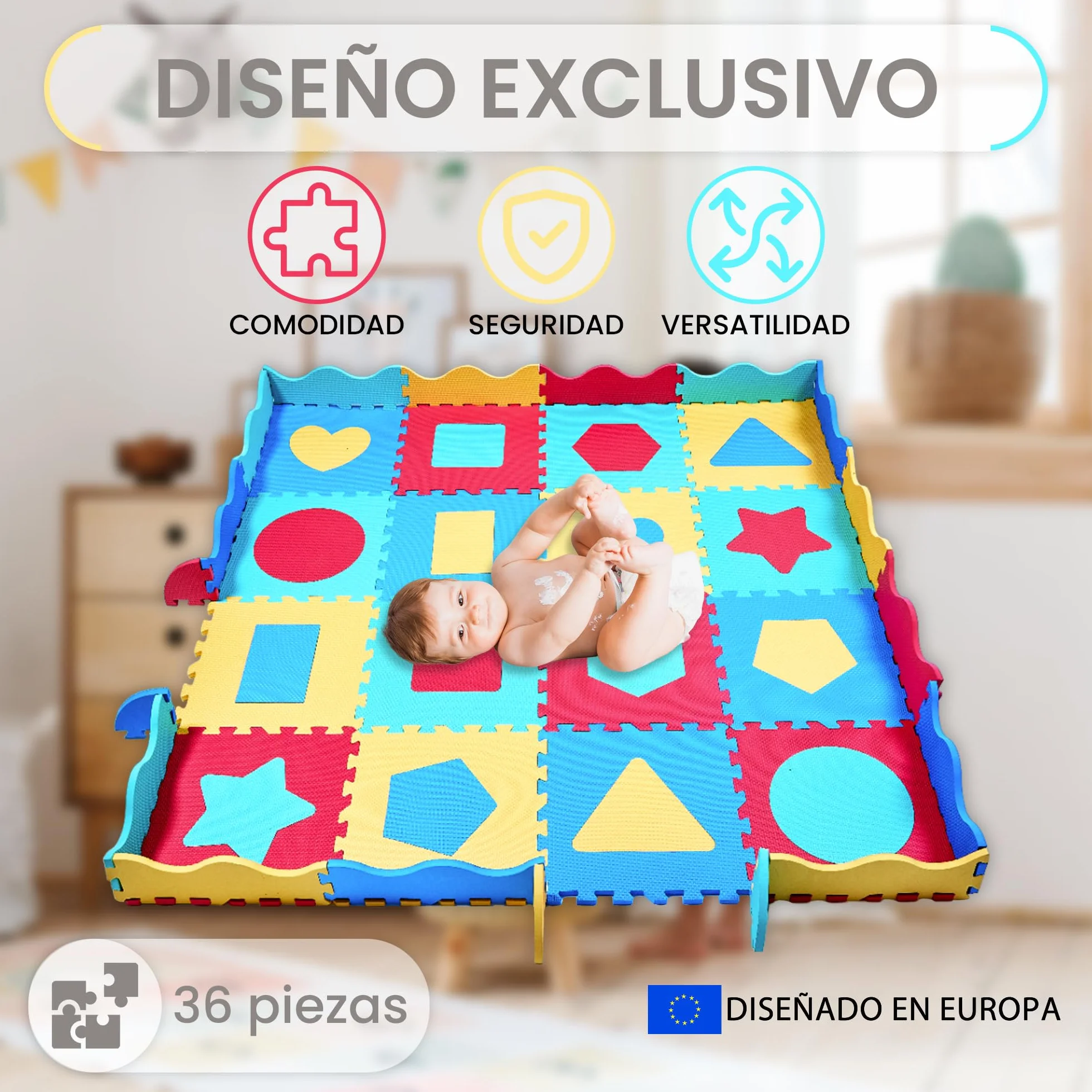 Alfombra Puzzle Bebé Goma EVA 140x140 cm con 36 Piezas Intercambiables, Bordes y Bolsa de Almacenaje
