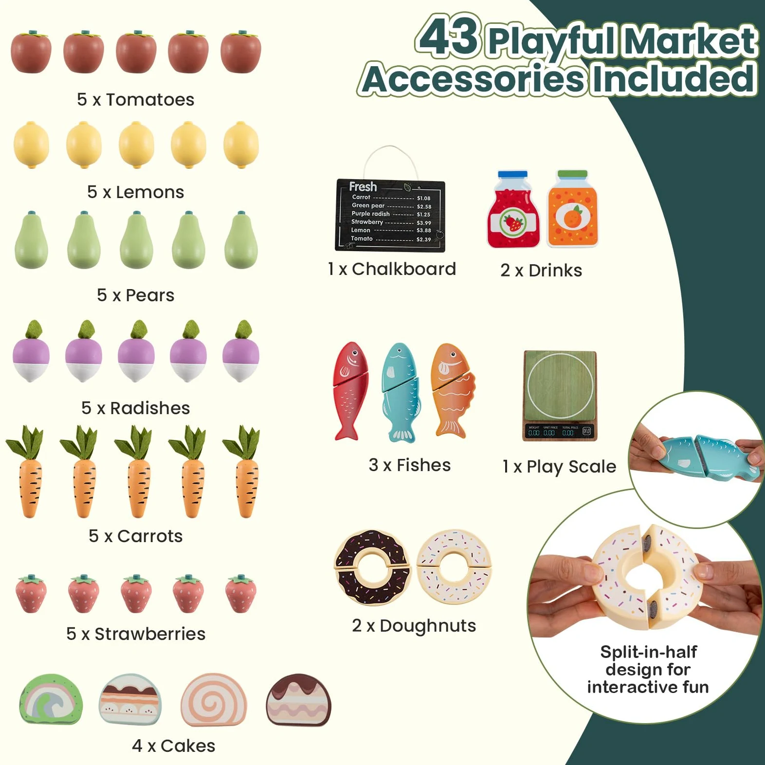 HOMASIS Puesto de Mercado Infantil | Tienda de Comestibles de Juguete con Pizarra, Toldo, Compartimentos, Cajas, Accesorios y Estructura de Madera de Abeto