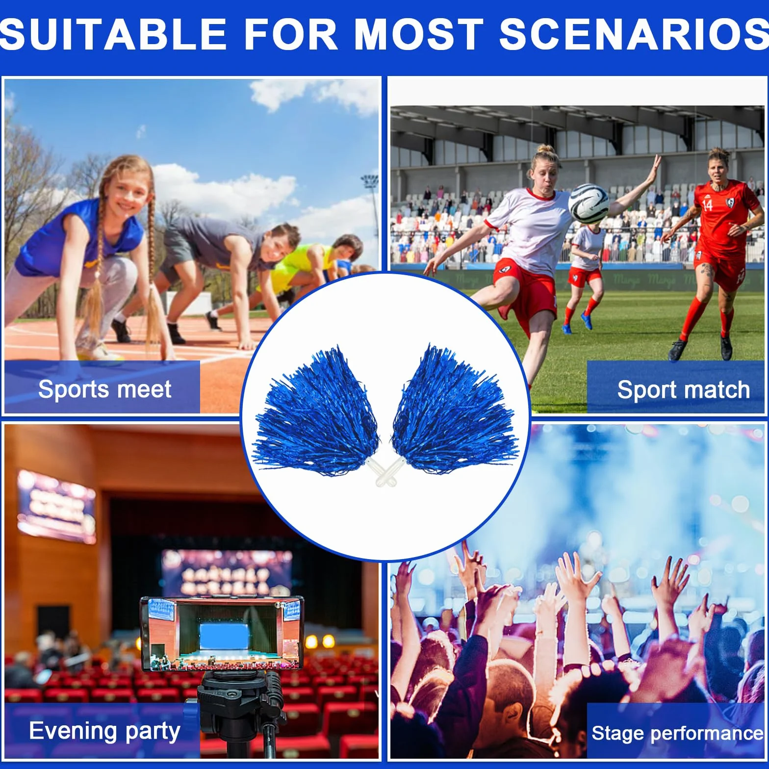 Pompones de Animadora Deportivos Azul 12 Piezas para Eventos Deportivos, Juegos de Pelota, Bailes y Fiestas