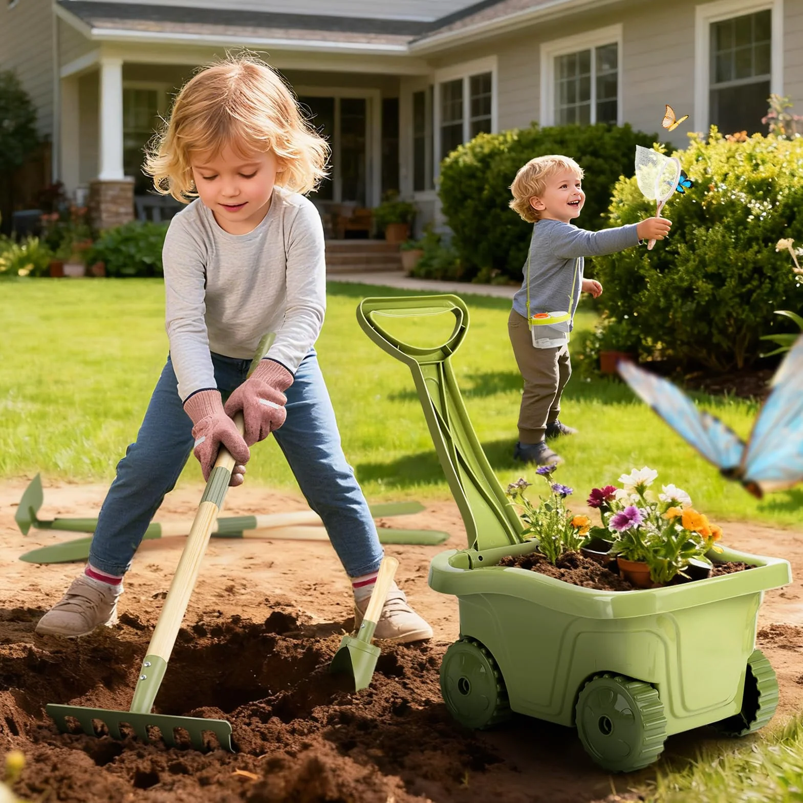 Dreamon 17PCS Carretilla Niño Set Jardinería y Exploración | Herramientas Jardinería Infantil + Kit Explorador Niños con Caja Insectos, Red, Lupa | Juguetes Jardín Educativos Exterior 3+ Años