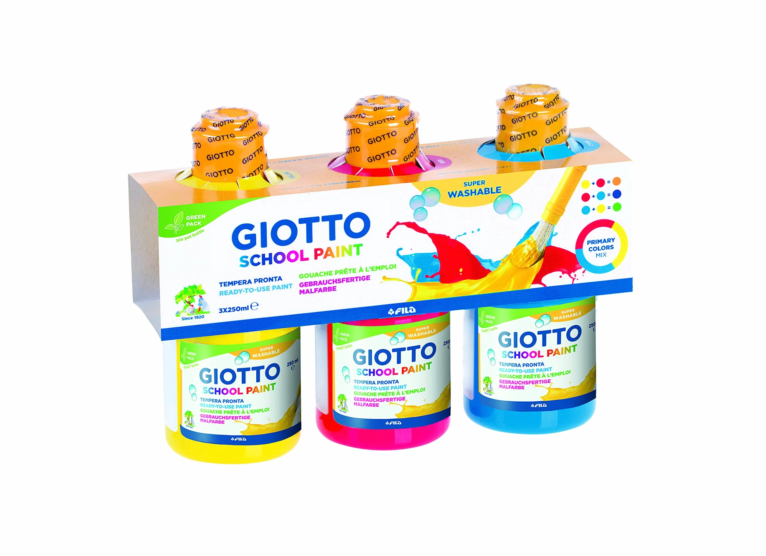 Giotto Témpera Lavable Set 3 x 250 ml (Amarillo + Rojo + Cyan)