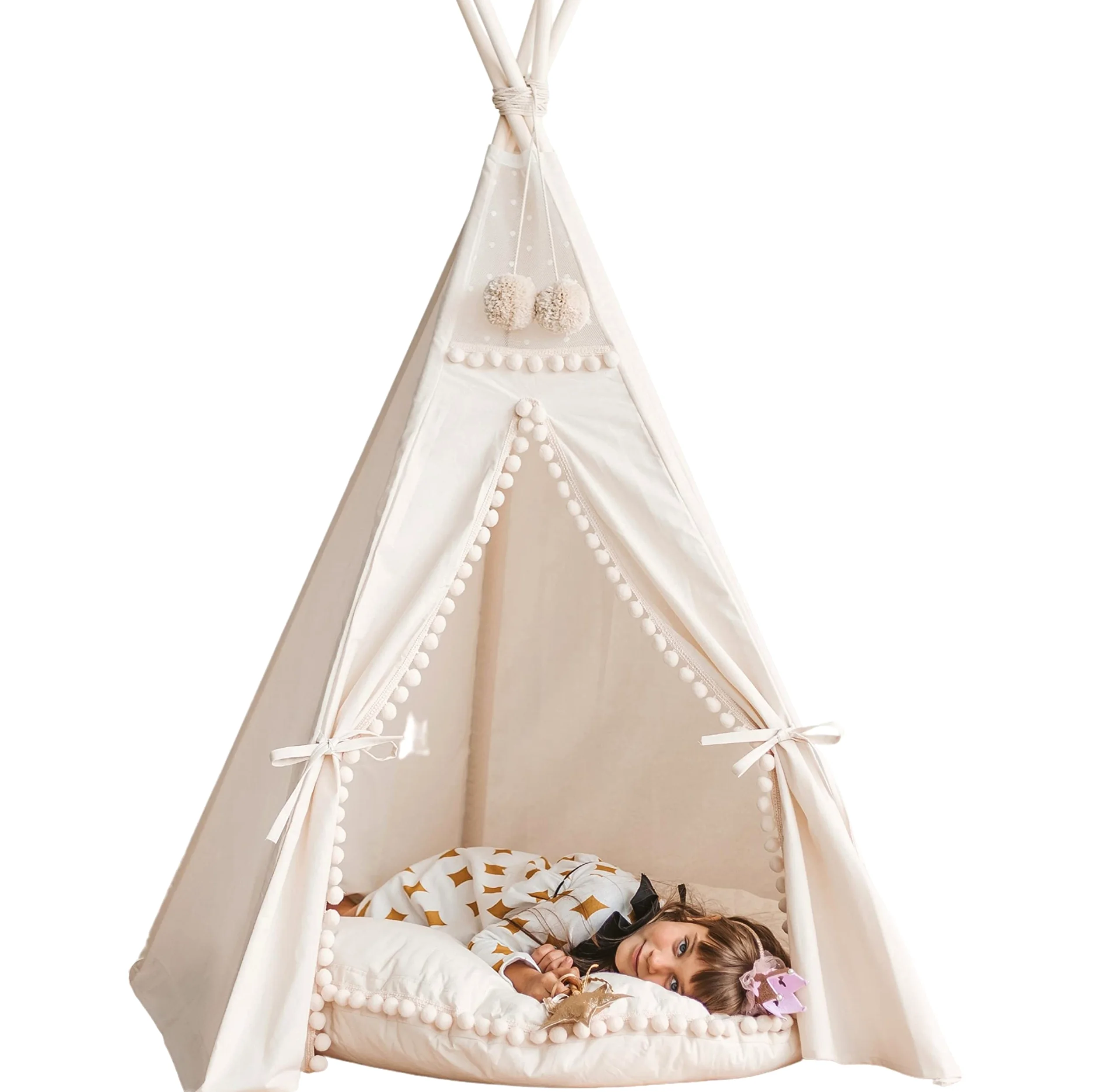 MINICAMP Teepee Original para Niños, Tienda de Campaña de Lona Natural de Algodón con Madera Hecha a Mano, Tienda de Juego Interior para Dormir para Niñas y Niños con Pompones